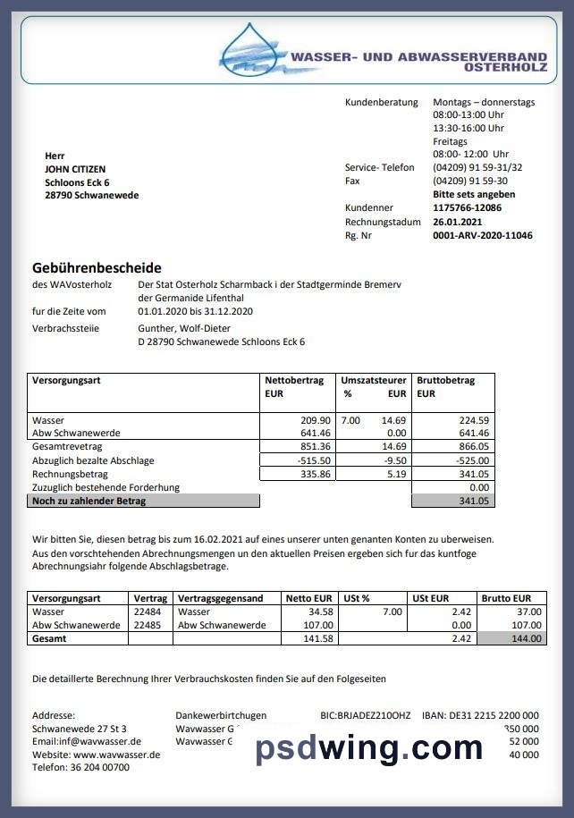Germany Wavwasser Utility Bill